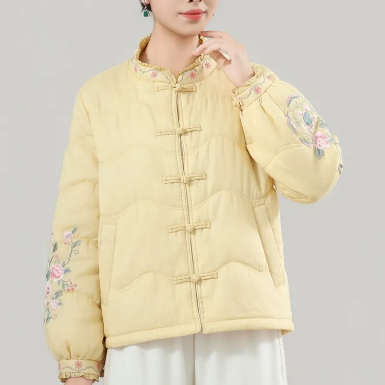 多金麻印25秋冬对襟灯笼袖立领蕾丝重工刺绣苎麻加棉棉衣外套3317