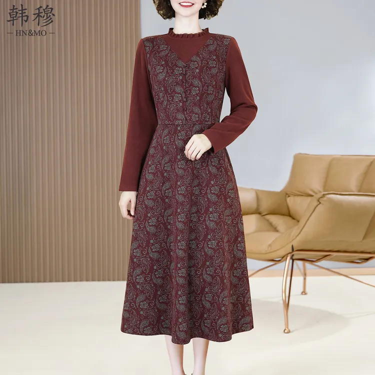 秋装新款复古假两件连衣裙女2025年时尚洋气高端妈妈秋冬打底裙子
