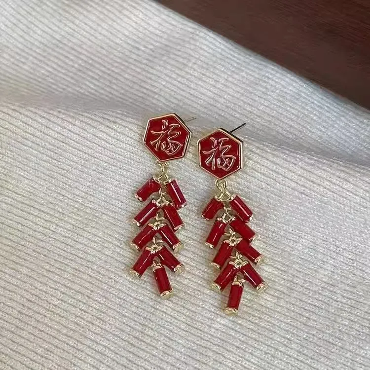 铜合金耳饰 110日韩红色复古中国风耳环耳饰民族风鞭炮设计耳钉