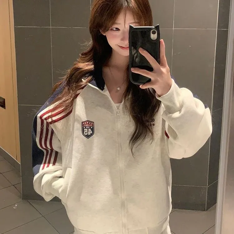 春季复古拼色织带刺绣开衫卫衣男女潮牌宽松休闲帅气情侣运动外套