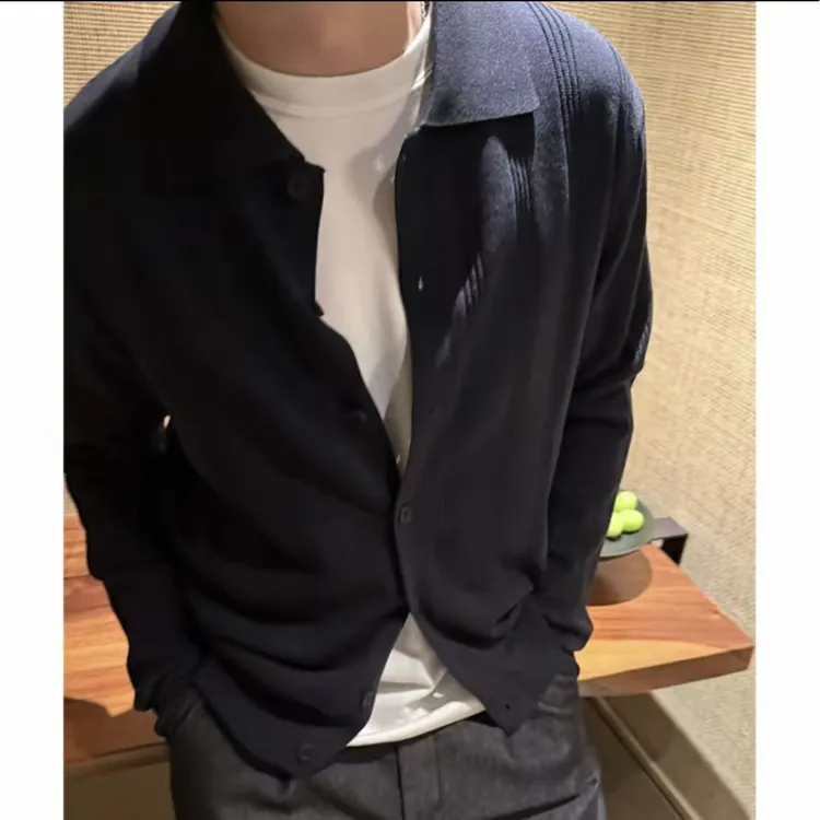 老钱风莱赛尔天丝亚麻混纺秋季薄款翻领立体纹理针织长袖开衫外套