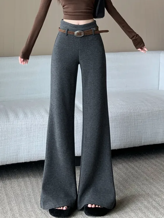 咖色毛呢微喇裤女秋冬加厚高腰显瘦垂感直筒喇叭裤西装裤休闲长裤