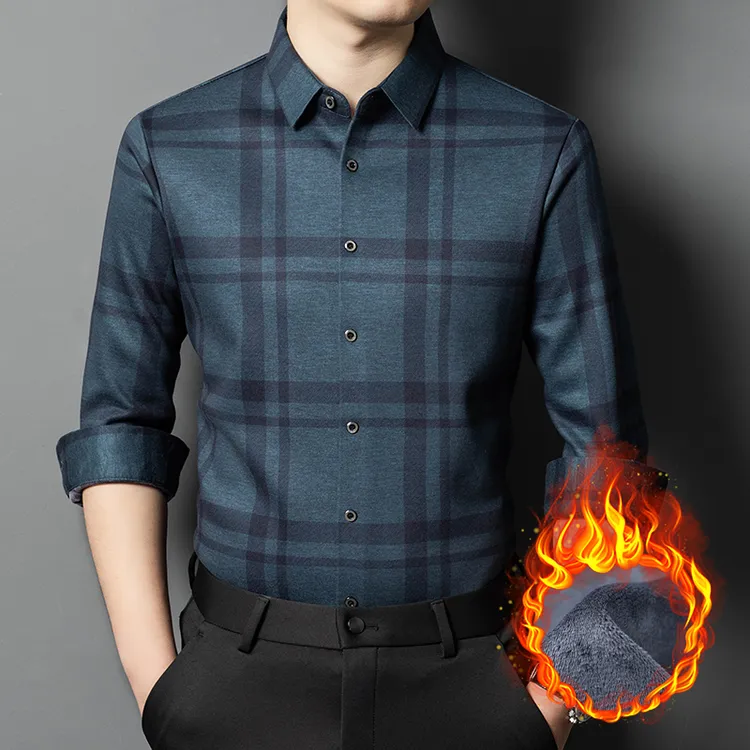 冬季无痕免烫加绒加厚保暖格子衬衫男士弹力宽松潮流休闲磨毛衬衣