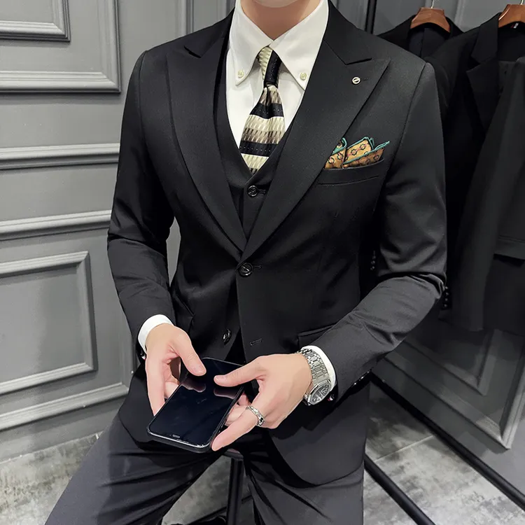 保罗微弹修身结婚西服三件套男士戗驳领伴郎服新郎婚庆商务正装