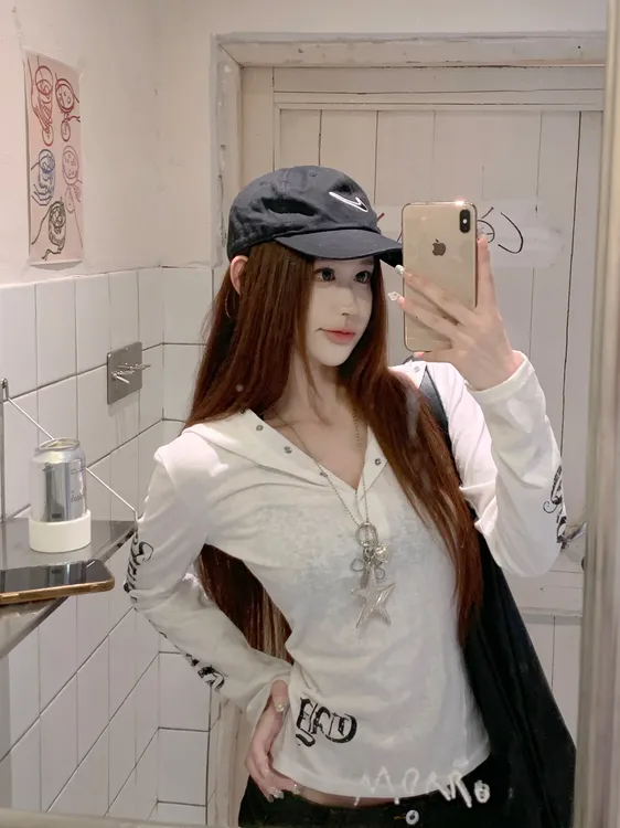 美式朋克长袖连帽T恤哥特风微透防晒罩衫修身薄款上衣女辣妹秋潮