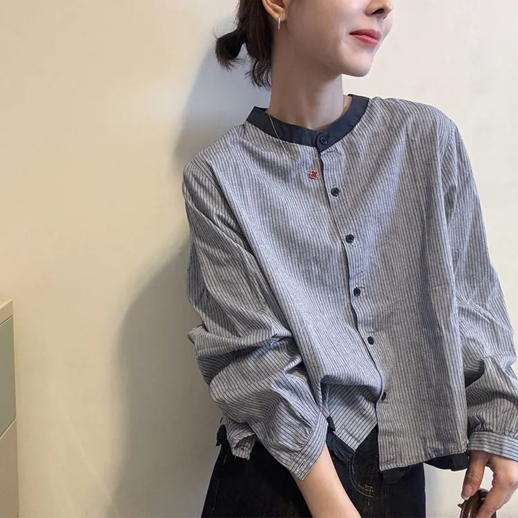 条纹圆领拼色长袖木耳边宽松衬衫女休闲时尚秋季chic韩版百搭上衣