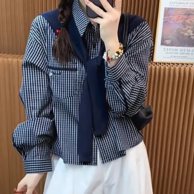 2025早秋新款韩版时尚百搭休闲格子衬衫女设计感衬衣披肩长袖上衣