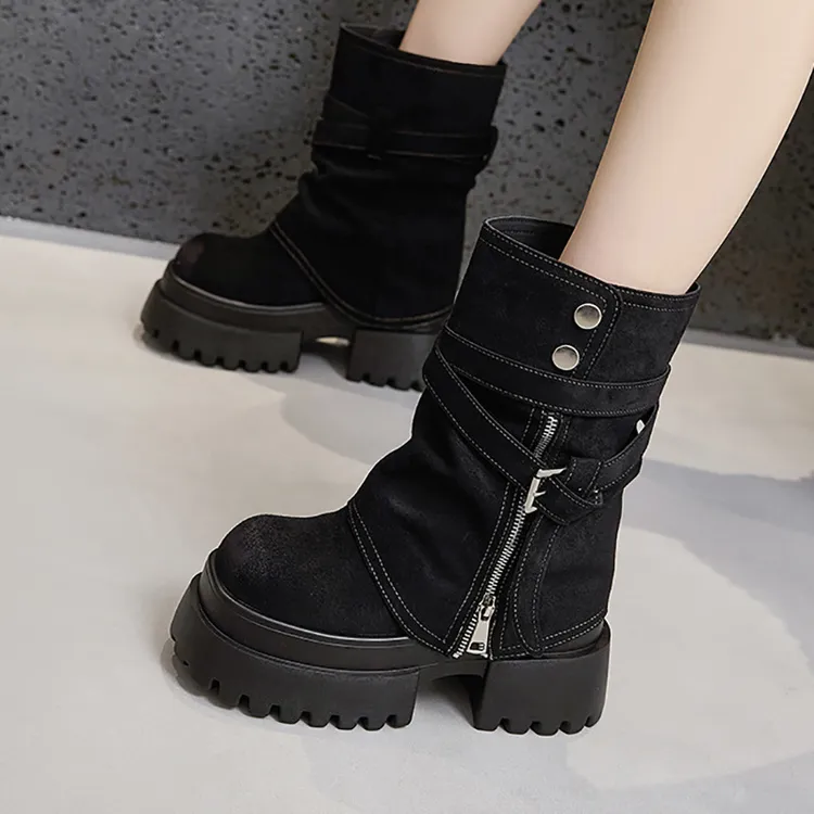 厚底马丁靴女2025秋冬新款小个子内增高靴子中筒烟筒靴百搭裤管靴