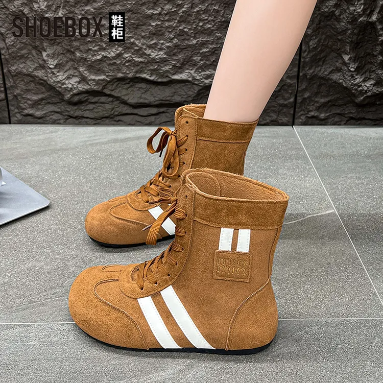 SHOEBOX鞋柜高级感高帮德训鞋女2025秋冬新款复古时尚平底休闲鞋