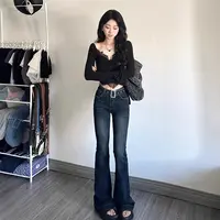 送腰带低腰修身复古港风微喇叭牛仔裤女秋冬显高显瘦弹力拖地裤子