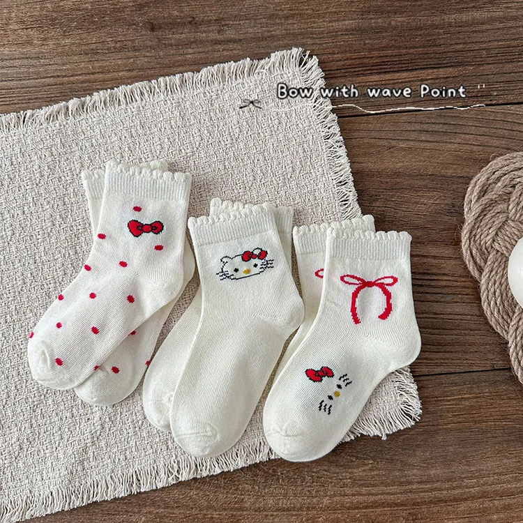 凯蒂猫女童袜子春秋女孩儿童卡通hellokitty无骨可爱秋冬中筒棉袜