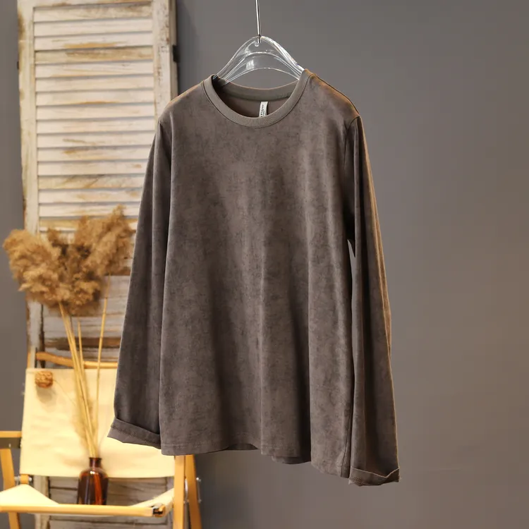 新品2025年冬装做旧复古麻味休闲圆领T恤文艺百搭棉料个性上衣女