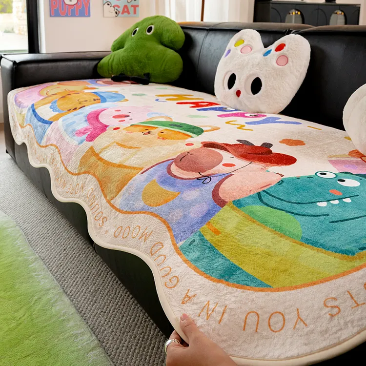 足姿异形牛奶绒沙发垫四季通用卡通防滑固定直排一片式沙发盖布巾