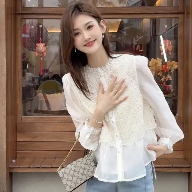 新国风蕾丝花边假两件衬衫女2025春季新款百搭洋气拼接减龄上衣