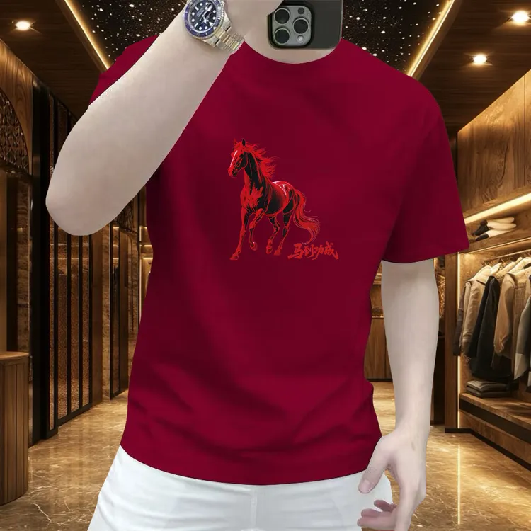 2026马年爆款纯棉骏马印花短袖T恤男士本命年红色高级感体恤上衣