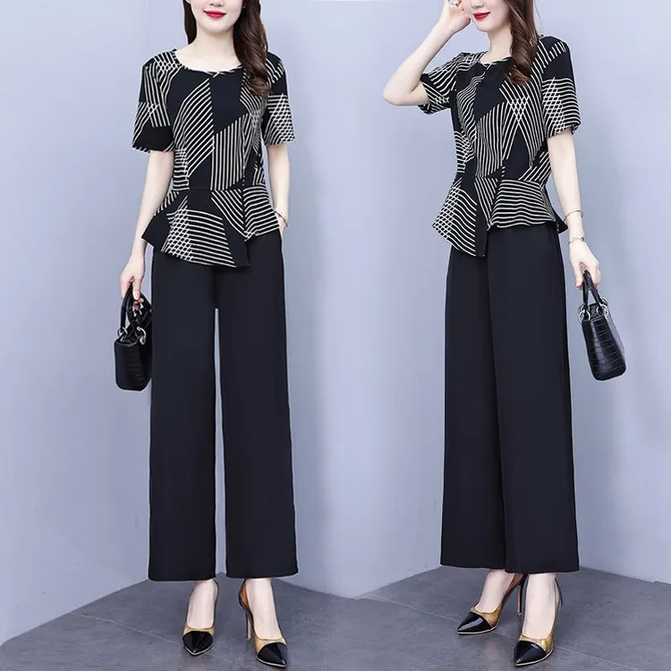 洋气减龄中年妈妈阔腿裤套装女夏2025新款时尚高级条纹显瘦两件套