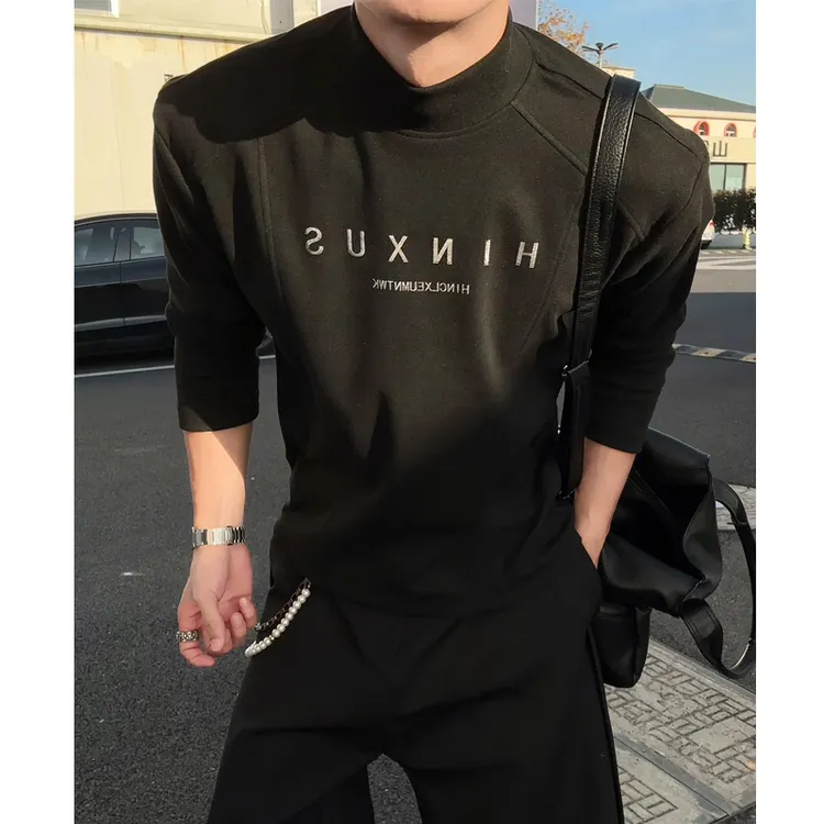 半高领德绒正肩长袖t恤男秋冬字母印花解构宽松内搭打底衫上衣潮