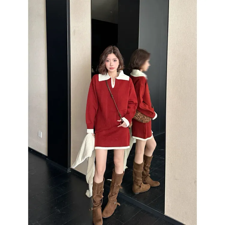 拼色简调休闲简约V领撞色翻领毛衣女冬季新款高级感气质短裙套装