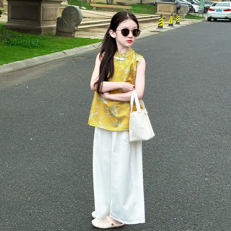 女童2025新款夏季时尚女孩新中式旗袍上衣休闲阔腿裤国风两件套潮