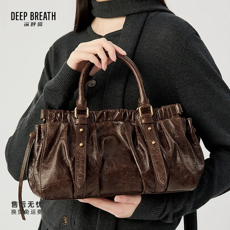 DEEP BREATH深呼吸女包复古褶皱牛皮饺子包单肩斜挎手提包AB10286