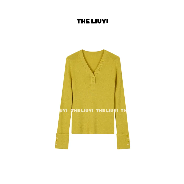 【LIUYI】设计感v领羊毛修身针织纽扣上衣512072