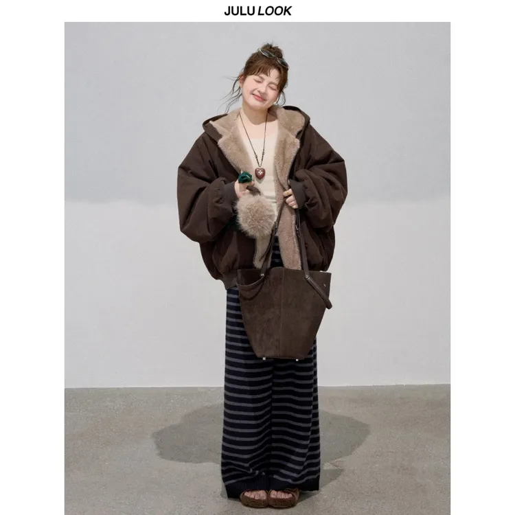 巨鹿工作室“穿过橡树林”微胖mm宽松拼毛毛内里保暖棉服大码外套