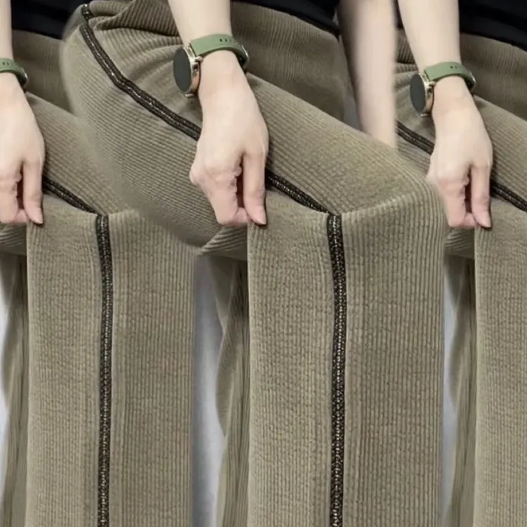 秋冬高腰弹力百搭显瘦雪尼尔钻条直筒裤9886