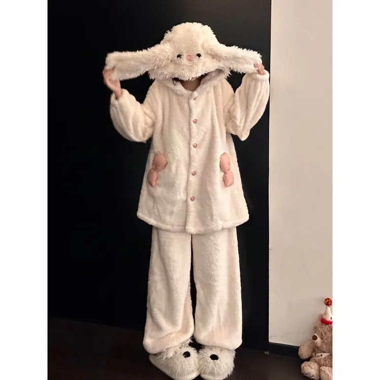 可爱兔耳朵连帽珊瑚绒睡衣女秋冬新款加绒保暖长裤居家服套装外穿