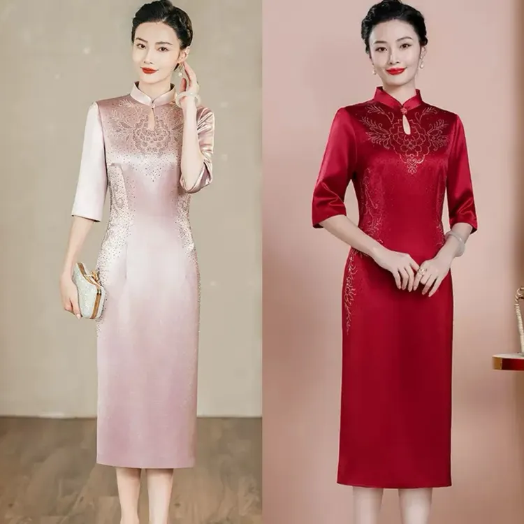 进口三醋酸高定礼服喜婆婆喜妈妈改良旗袍裙修身显瘦婚宴敬酒服Y