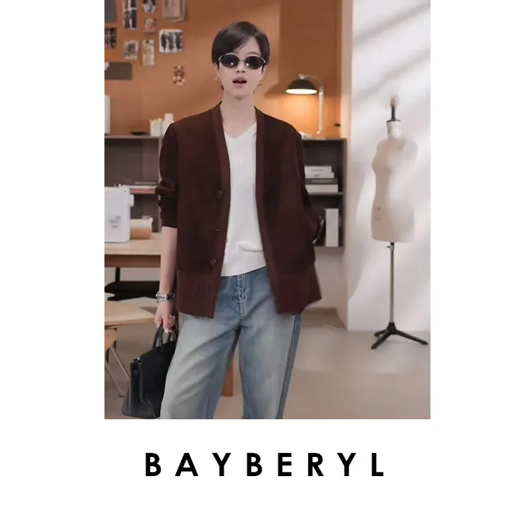 BAYBERYL老贝1p慵懒港风无领复古廓形翻毛夹克皮衣PY5G2788-7/27