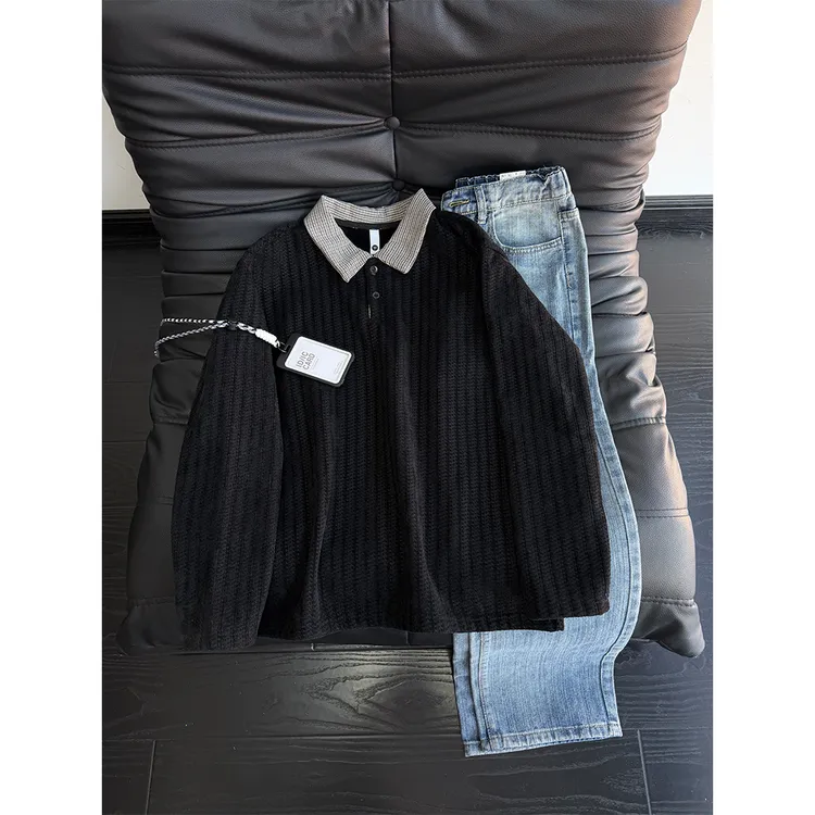 千鸟格拼接polo领卫衣男女款秋冬季加绒加厚设计感高级感外套潮牌