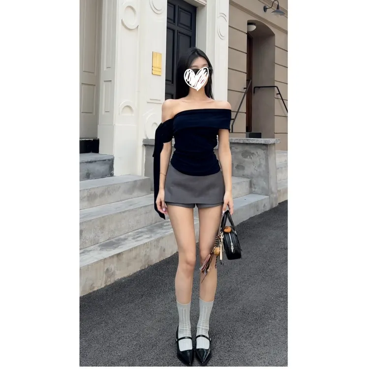 YIDENG 韩系新款性感辣妹一字领斜肩T恤夏季纯欲修身别致飘带短袖