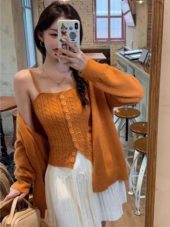 秋冬南瓜色针织开衫麻花吊带两件套装韩系温柔风甜美毛衣外套背心