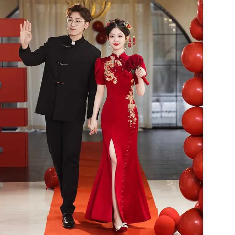 新中式旗袍敬酒服新娘结婚回门服酒红色长款收腰鱼尾开叉订婚礼服