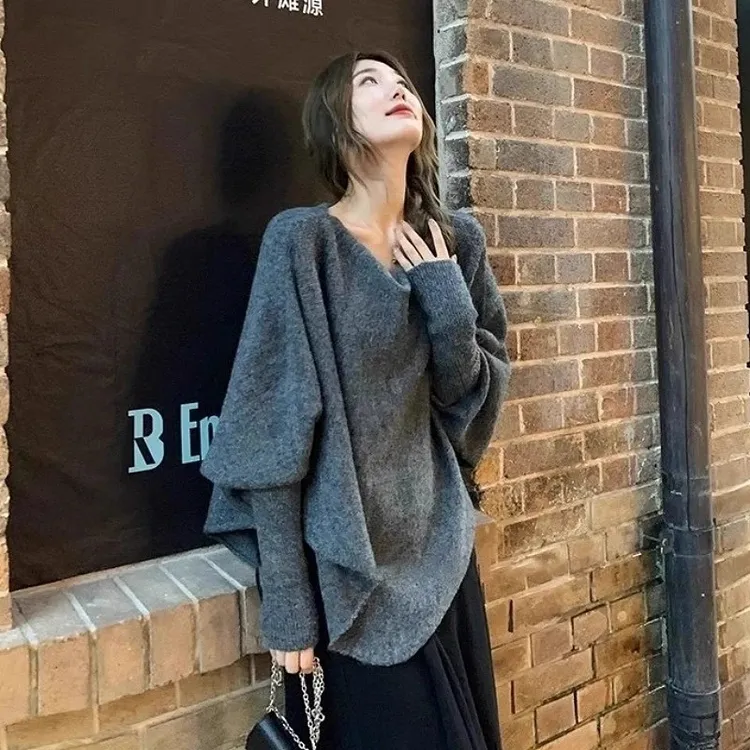 慵懒风宽松针织衫毛衣外套2025春秋新款不规则设计感蝙蝠袖女上衣
