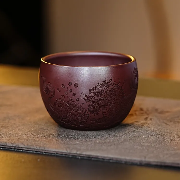 宜兴原矿茶具 手工刻绘麒麟貔貅瑞兽精致紫砂主人杯
