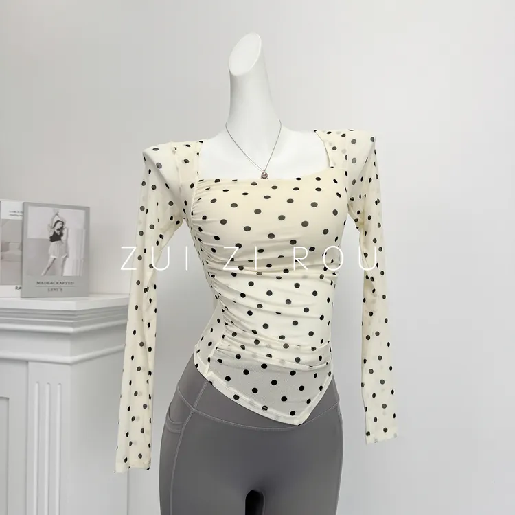 波点瑜伽上衣女带胸垫网纱拼接普拉提训练服运动紧身衣绝美健身服