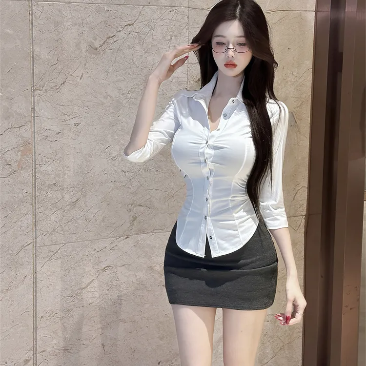夏季纯欲辣妹气质收腰显瘦衬衫JK制服上衣女百搭包臀短裤裙两件套
