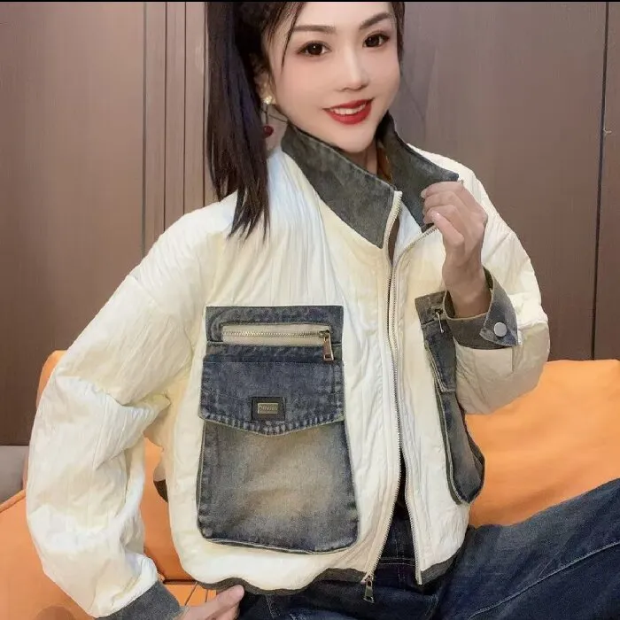 768#拼接牛仔薄棉外套