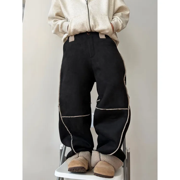 dannyandzee冬季百搭复古重磅加绒加厚保暖皮毛一体休闲长裤898