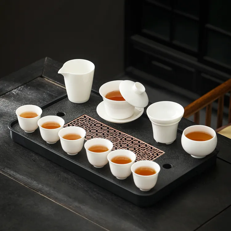 纯白悬停盖碗德化陶瓷功夫茶具套装高端全套办公室家用茶盘整套