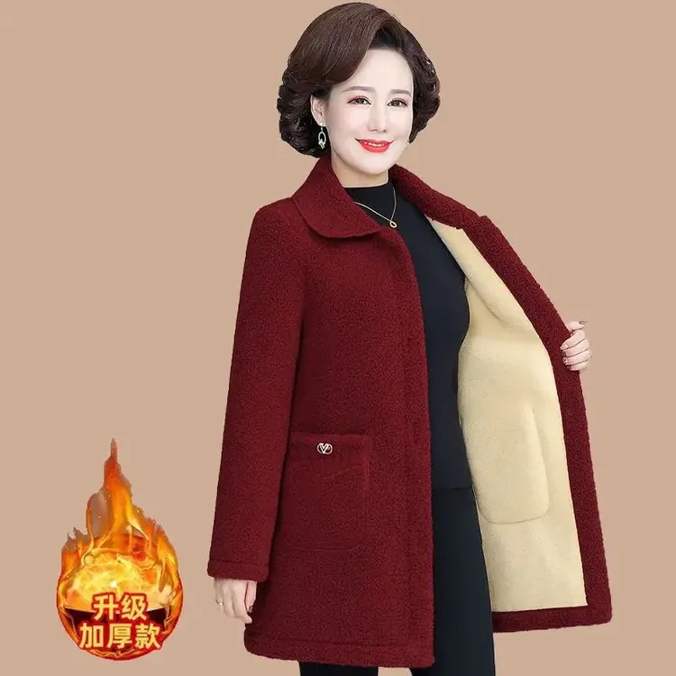妈妈款冬装颗粒绒外套中长款加绒加厚中老年保暖洋气羊羔绒上衣