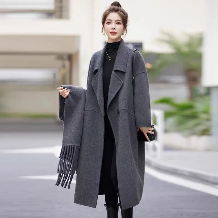 双面羊毛大衣女2025秋冬新款赫本风高级感时尚中长款毛呢围巾外套
