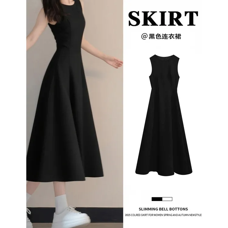 黑色无袖连衣裙女赫本风掐腰小黑裙长裙长款裙子a字收腰裙法式夏