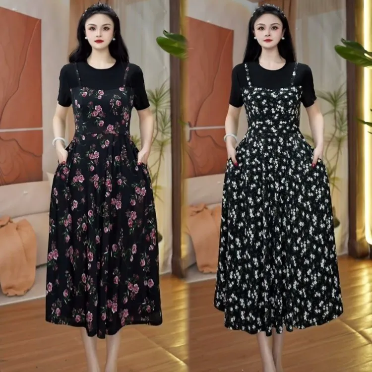 俞兆林爆款2025夏季新款时尚洋气宽松遮肚假两件碎花连衣裙夏季连