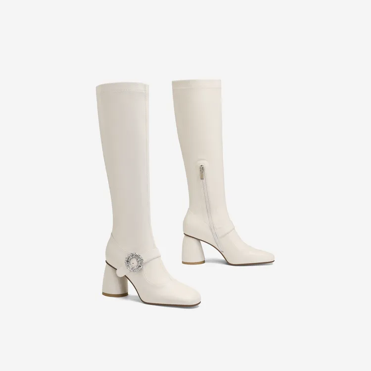 高跟长筒瘦瘦靴女2025冬季新款白色靴子粗跟加绒不过膝弹力靴长靴
