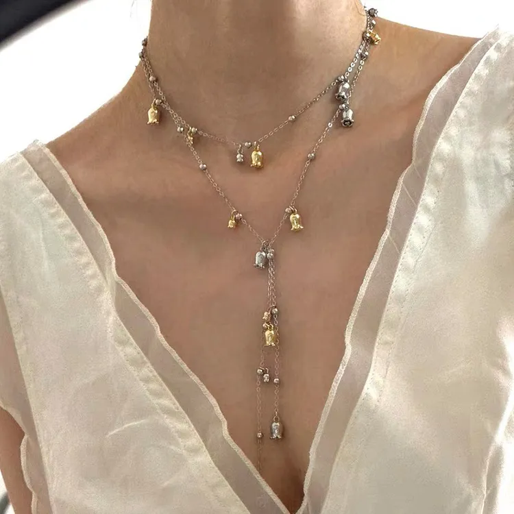 铜项链 ins风长款风铃兰花双层叠戴项链耳环女轻奢设计超长颈链