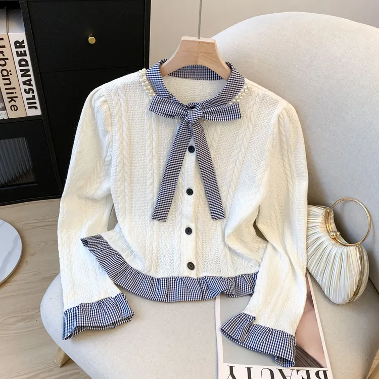 韩系穿搭假两件格纹拼接针织开衫女秋季绑带设计短款钉珠毛衣外套