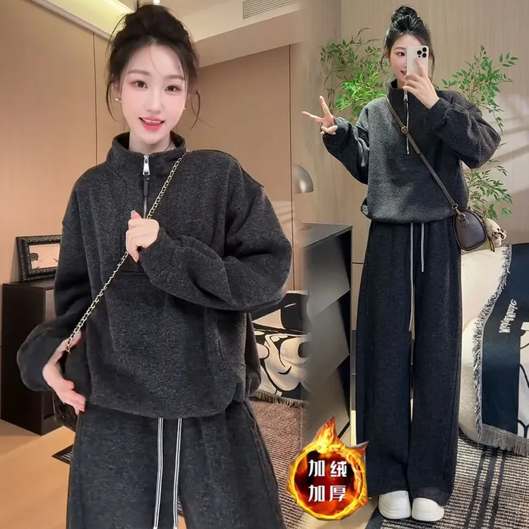 拉夏贝尔加厚休闲套装女2025冬季新款洋气棉马甲卫衣阔腿裤三件套