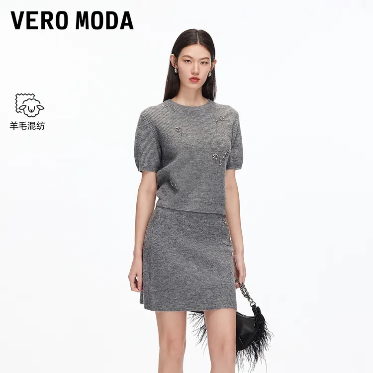 Vero Moda针织衫2025秋季新含绵羊毛圆领立体钻饰上衣松弛感百搭